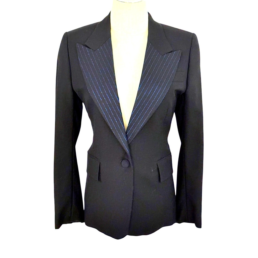 VTG Veronique Branquinho Black Wool Blazer Blue Metallic Lapel Pinstripe Sz 6
